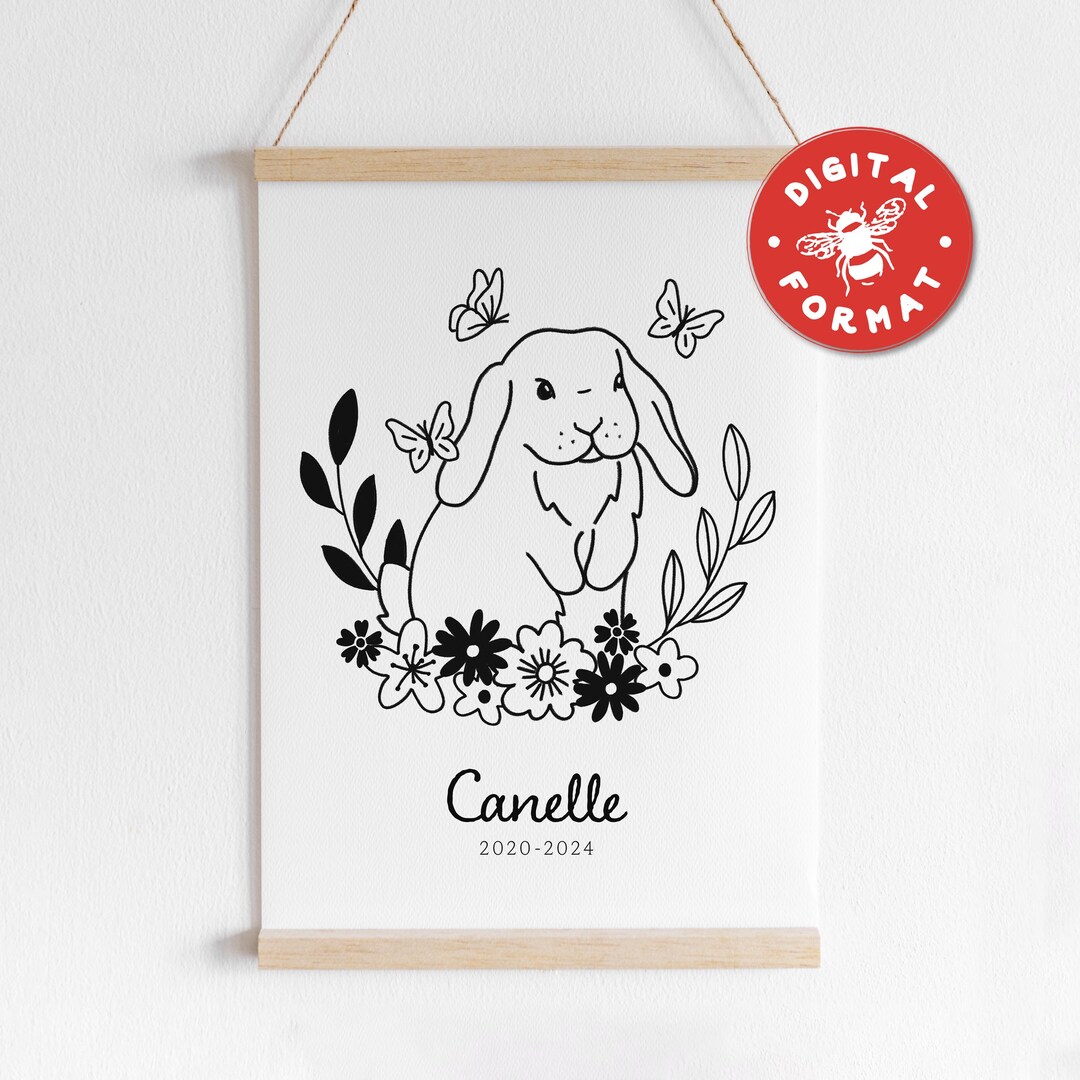 Custom Rabbit Drawing Minimal and Floral Memorial Portrait, Gift for ...