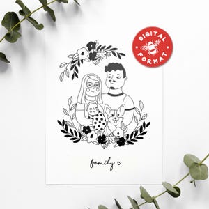 Custom Family Portrait Digital Illustration with Pets from Photos | Unique Gift for Friends on Birthday | Printable Digital File
