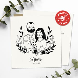 Anuncio de nacimiento ilustrado personalizable Anuncio de bebé Retrato familiar ARCHIVO DIGITAL de doble cara