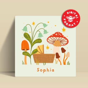 Faire-part Naissance Bébé Personnalisé Illustré Style Cottagecore avec Champignons | Fichier Digital à Imprimer
