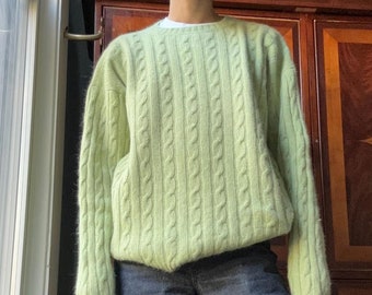 pull vintage en maille torsadée d'angora mérinos vert menthe fabriqué en Ecosse / homme XL