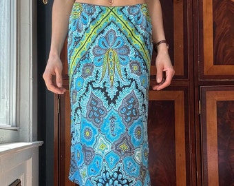 vintage y2k paisley print midi skirt 100% silk / blue / size XS