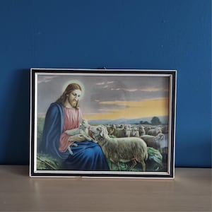 Antique Jesus and the Lamb Picture, The Good Shepherd Picture with Frame, Christian art print, antique art, Religious art, Vintage artifact