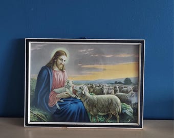 Antique Jesus and the Lamb Picture, The Good Shepherd Picture with Frame, Christian art print, antique art, Religious art, Vintage artifact