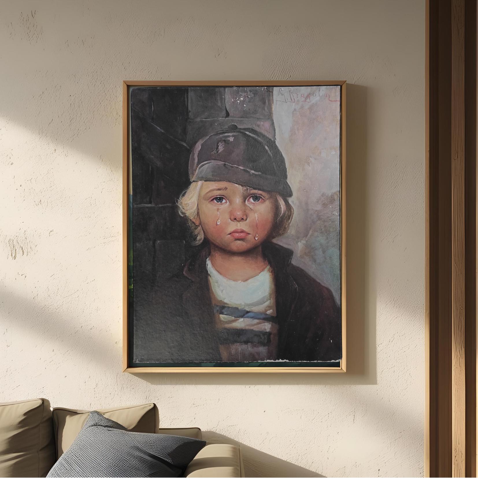Iconic vintage crying boy, Giovanni Bragolin reproduction with defects, Bragolin Crying Boy, Gothic Wall Art, Child with Tears.