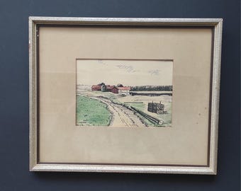 Landscape art by H. Lindholm, pen and ink picture print, Swedish Mid-Century art, Vintage Scandinavian art, Scandinavian Decor, Cottage art