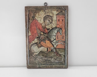 St George And The Dragon Poster Print on wood, Catholic Icon, Religious print, Vintage print, Vintage Christian art