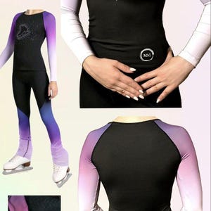 Könnte beinhalten: Schwarzes und lila Eiskunstlauf-Outfit mit einem Strass-Schlittschuh-Design auf der Brust. Das Outfit umfasst ein langärmliges Oberteil und Leggings. Die Ärmel und Leggings haben einen Farbverlauf. Der Text "Limited Edition" steht unten.