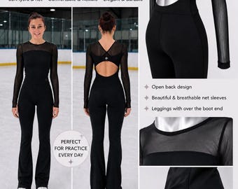 Può includere: Una tuta da pattinaggio artistico nera con maniche lunghe in rete trasparente, scollo rotondo e design a schiena scoperta. Il capo intero include leggings con estremità che coprono gli stivali. Testo nell'immagine FIGURE SKATING CATSUIT.