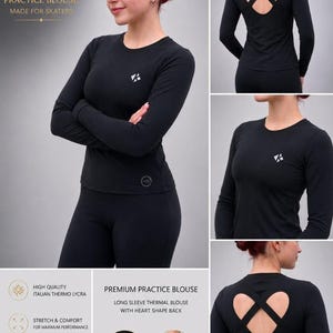 Op de afbeelding: Een zwarte trainingsblouse met lange mouwen, een ronde hals, een klein wit logo op de borst en een hartvormige uitsnede op de rug met gekruiste bandjes. De tekst MNi PREMIUM PRACTICE BLOUSE MADE FOR SKATERS is zichtbaar.