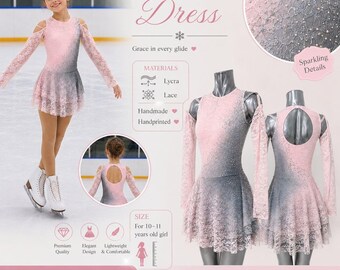 May include: A figure skating dress featuring a pink and grey ombre lace overlay with sparkling embellishments. The dress has long sleeves, cold-shoulder cutouts, and a layered skirt. The back includes a circular cutout design with long sleeves.