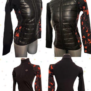 May include: Black quilted jacket with a zipper closure and red and black geometric patterned sleeves. The jacket has a high collar and a 'MNI' logo on the front.
