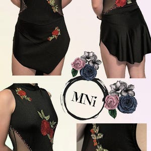 Abito spagnolo nero con bellissime rose rosse cucite - Abito da pattinaggio artistico su ghiaccio XS-S