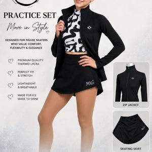 Op de afbeelding: Een zwarte trainingsset voor kunstschaatsen bestaande uit een jack met lange mouwen en rits en een bijpassende rok. De set bevat het MNi-logo, een zwart-wit patroon crop top en tekst waaronder Practice Set en Move in Style.