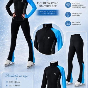 Könnte beinhalten: Ein Eiskunstlauf-Trainingsset in limitierter Auflage, bestehend aus einer schwarz-blauen Reißverschlussjacke mit Kristallakzenten unter den Armen und einer passenden hoch taillierten Leggings mit blauen Einsätzen an den Knöcheln.