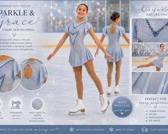 May include: A light blue figure skating dress with a shimmering finish, featuring short flutter sleeves, a V-neckline adorned with dark crystals, and a keyhole back. The skirt is pleated, and the bodice includes a triangular crystal-embellished design.