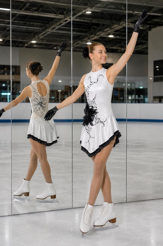 black and white figure skating dress Competition Ice 14-15yrs. Size XS-S Mesh fabric Colour:Hot pink LIVE 01/26/2026 LW Plunging Neck Royal Blue making you look like
