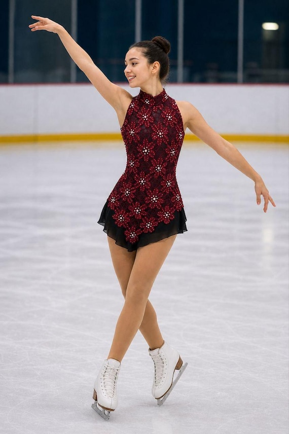 burgundy figure skating dress New Ice Figure Skating Dress Baton Twirling Dress customized burgundy handmade