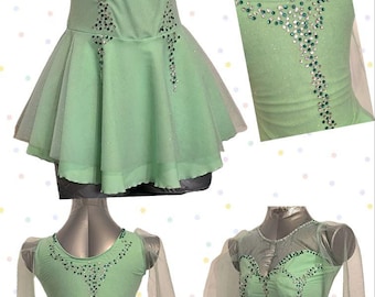mint green figure skating dress Sage Green Leotard with Tiered Skirt and Flutter Sleeves main image 1