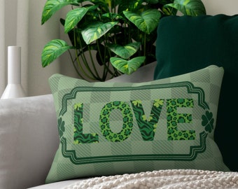 St. Patrick's Day Spun Polyester Lumbar Pillow, Green Love Shamrock Decor for Home, Irish Holiday Decor, Cozy Couch Accent, Gift for Her