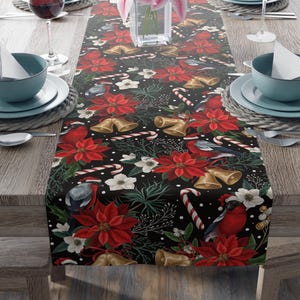 Christmas Poinsettia Robin Pattern Table Runner | Holiday Dining Decor, Xmas Floral Table Runner, Festive Red Candy Cane Bells Table Runner