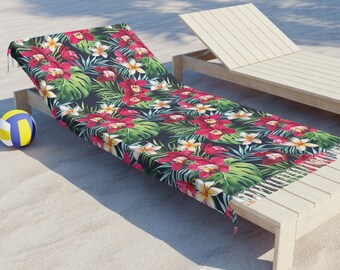 Tropical Hibiscus Print Beach Towel | Boho Fringe Beach Towel