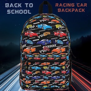 Backpack, Race Car Bag, Gift for Boy, Birthday Gift, School Backpack, Kid Backpack, Black Bag, Cars Backpack, Racing Car School Bag