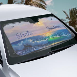 Hello Sunshine Car Sun Shades, UV Protection Sun Shade, Beach Theme Shade, Front Windshield Cover, Summer Car Accessory, Car Accessories