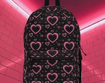 Heart Pattern Backpack, Cute Backpack for School, Gift for Students, Stylish Backpack for Girls, Trendy Laptop Bag, Black Heart Design