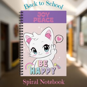 Cute Cat Spiral Notebook, Joy, Peace Journal, School Supplies, Gift for Kids,Teens, School Notebook, Student Gift, School Accessories