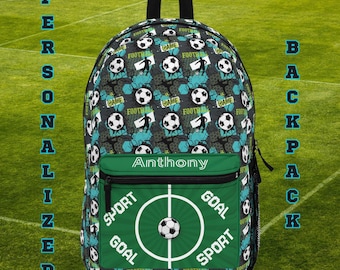 Personalized Soccer Sport Backpack, Green Field Front Pocket Bag, School Tote, Birthday Gift