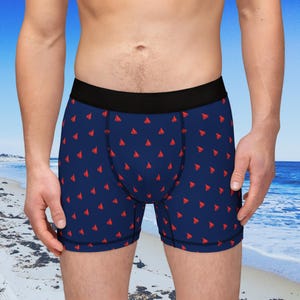 Nautical Sailboat Boxers, Fun Navy and Red Beach Underwear, Men&#39;s Boat Print Boxers, Sailor Briefs, Gift for Him, Father&#39;s Day, Mens Boxer
