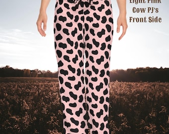 Pink Black Cow Spots Print Pajama Pants | Cowgirl Cow Spots Print Sleep Bottoms