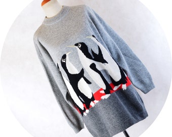 Vintage Main Street Lambswool Angora Jacquard Penguins Embroidery Oversize M/XL