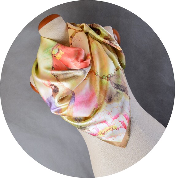 Vintage Chinese large Scarf Silk Mulberry Satine 107x… Gem