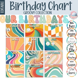 Groovy classroom birthday display, retro classroom birthday chart, birthday bulletin board