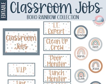 Boho Rainbow Classroom Jobs Chart, tableau des responsabilités des étudiants, tableau des emplois des étudiants, affichage des emplois en classe