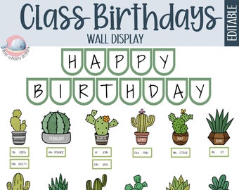 Cactus birthday chart display, classroom birthday display, student birthdays, plant bulletin board birthdays