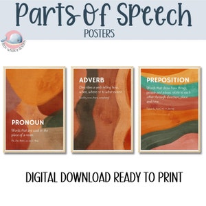 Parti della grammatica vocale stampabili, poster grammaticale della classe, arredamento della classe terrosa, stampabile in classe, poster della preposizione avverbiale del pronome
