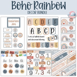 Boho rainbow classroom decor bundle, editable classroom decor, boho rainbow classroom decor pack, classroom decor set,