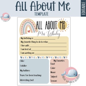 Teacher All About Me editable template, printable meet the teacher, teacher questionnaire, school open house, teacher get to know you