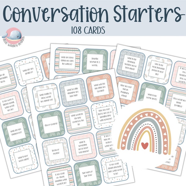 Boho rainbow conversation starters, back to school ice breaker, conversation cards, first day activity, getting to know you, talk topics