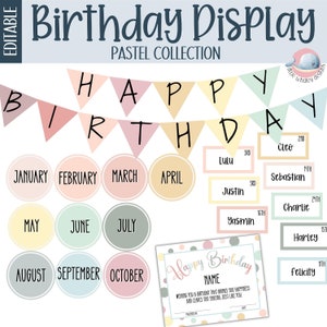 Pastel class birthday chart, class birthday display, student birthday chart, student birthday certificate, classroom birthday bulletin board