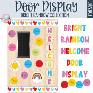 Helder boho regenboog klaslokaal deurdisplay bewerkbaar, klaslokaal welkom deurbord, bulletin board display letters, klaslokaaldeur elementair