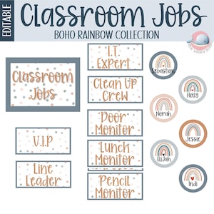 Boho Rainbow Classroom Jobs Chart, student responsibilities chart, student jobs chart, classroom jobs display