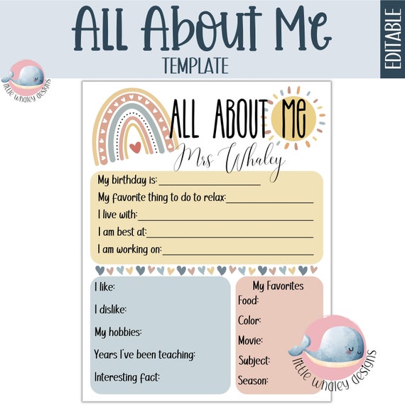 Teacher All About Me Editable Template Printable Meet The Etsy Australia
