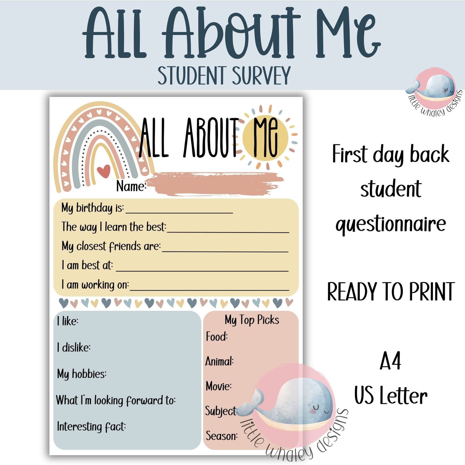Boho Rainbow Student All About Me, Back to School Student Questionnaire