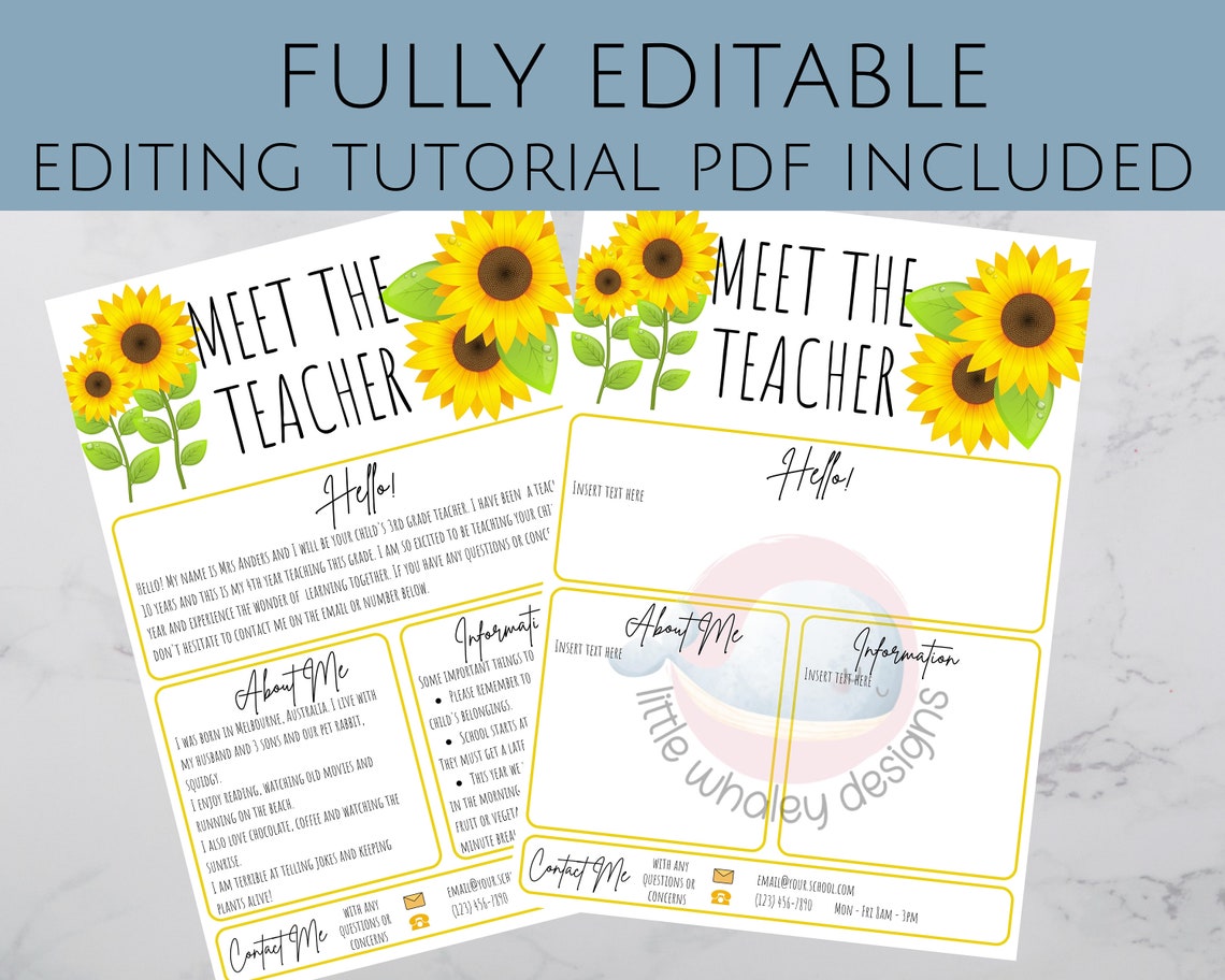 Editable Meet the Teacher Template Printable Sunflower - Etsy