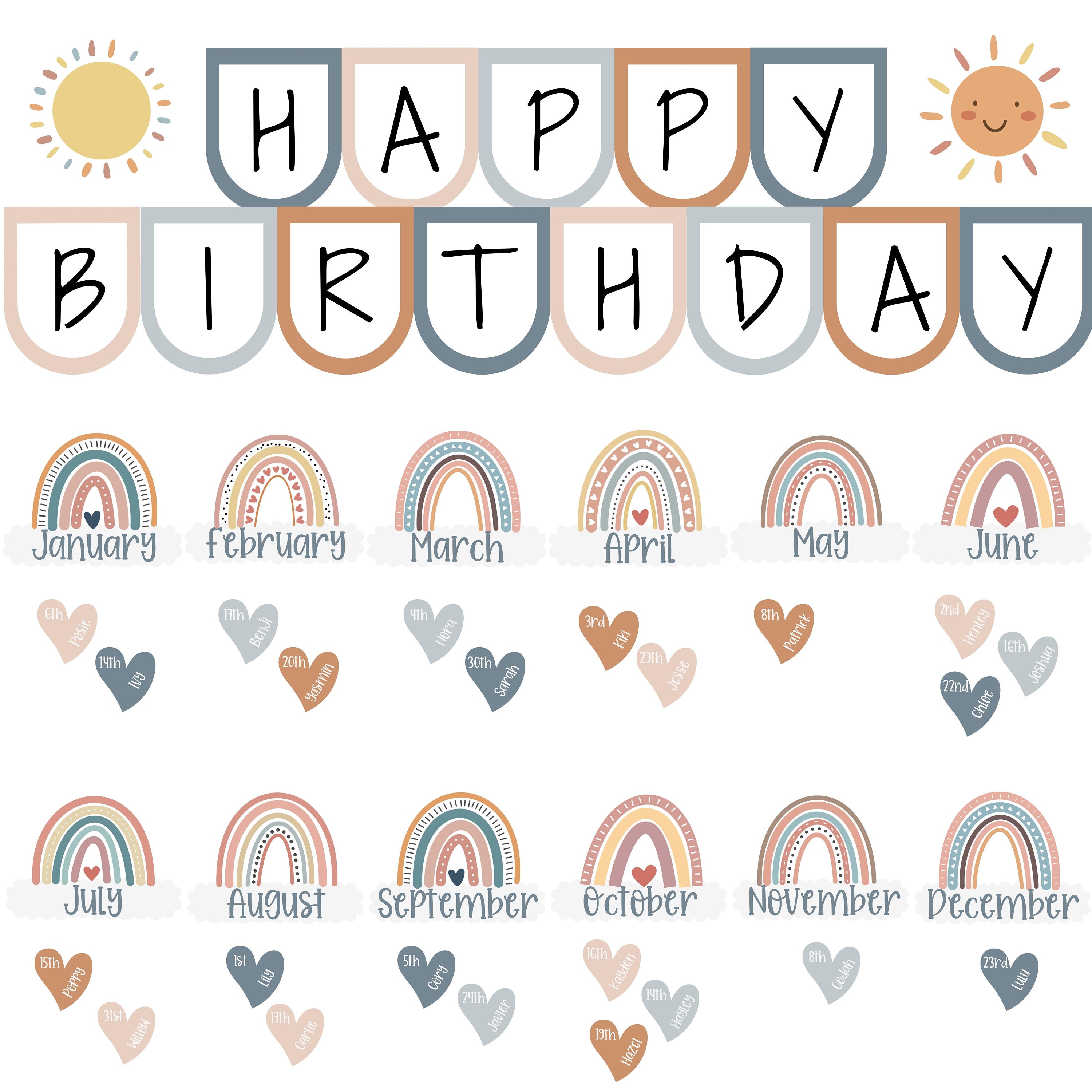 Boho Rainbow Classroom Birthday Chart: Editable Display (digital ...
