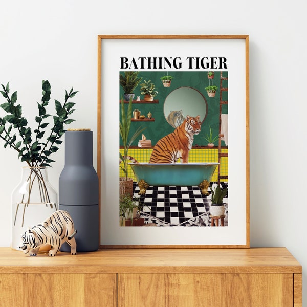 Tiger in Bathtub Boho Bathroom Print | Maximalist Animal in Bath Wall Art | Tropical Bathroom Safari Print | Collage print | A1, A2, A3, A4